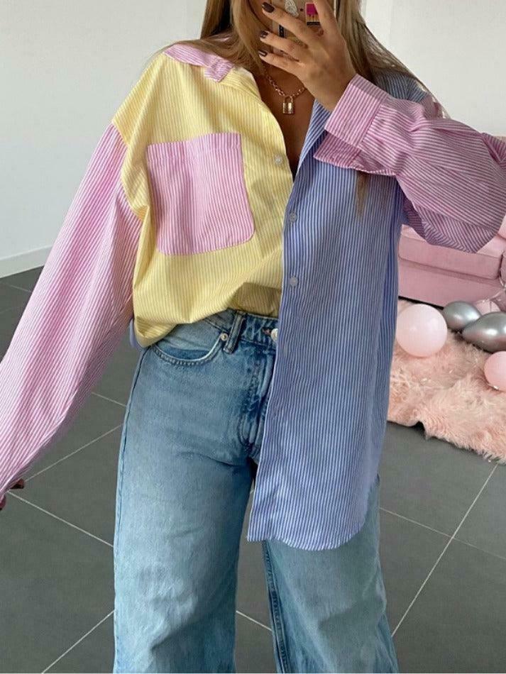 Colorful Pinstripe Splice Baggy Long Sleeve Blouse for Y2K Fashion Enthusiasts Colorful Pinstripe Splice Baggy Long Sleeve Blouse for Y2K Fashion Enthusiasts