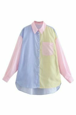 Colorful Pinstripe Splice Baggy Long Sleeve Blouse for Y2K Fashion Enthusiasts