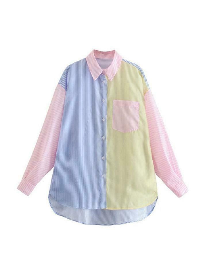 Colorful Pinstripe Splice Baggy Long Sleeve Blouse for Y2K Fashion Enthusiasts Colorful Pinstripe Splice Baggy Long Sleeve Blouse for Y2K Fashion Enthusiasts