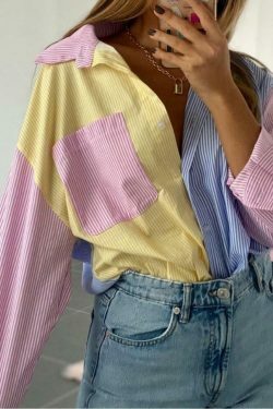 Colorful Pinstripe Splice Baggy Long Sleeve Blouse for Y2K Fashion Enthusiasts