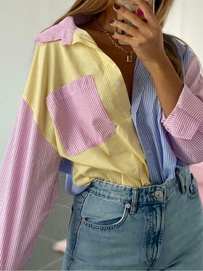 Colorful Pinstripe Splice Baggy Long Sleeve Blouse for Y2K Fashion Enthusiasts Colorful Pinstripe Splice Baggy Long Sleeve Blouse for Y2K Fashion Enthusiasts