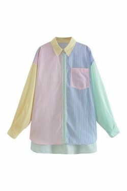 Colorful Pinstripe Splice Baggy Long Sleeve Blouse for Y2K Fashion Enthusiasts