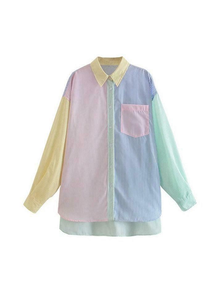 Colorful Pinstripe Splice Baggy Long Sleeve Blouse for Y2K Fashion Enthusiasts Colorful Pinstripe Splice Baggy Long Sleeve Blouse for Y2K Fashion Enthusiasts