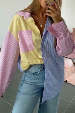 Colorful Pinstripe Splice Baggy Long Sleeve Blouse for Y2K Fashion Enthusiasts