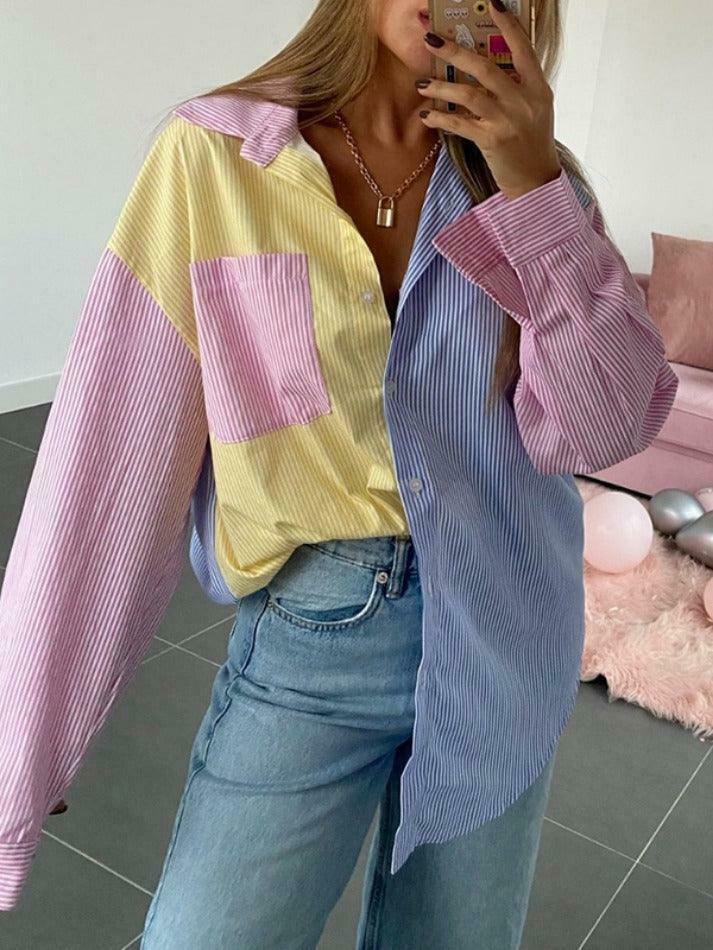 Colorful Pinstripe Splice Baggy Long Sleeve Blouse for Y2K Fashion Enthusiasts Colorful Pinstripe Splice Baggy Long Sleeve Blouse for Y2K Fashion Enthusiasts