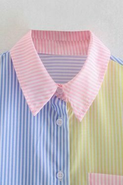 Colorful Pinstripe Splice Baggy Long Sleeve Blouse for Y2K Fashion Enthusiasts