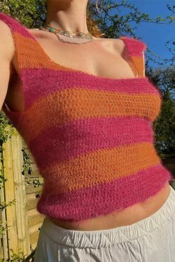 Colorful Stripe Backless Knit Sleeveless Top - Y2K Fashion Aesthetic for Women