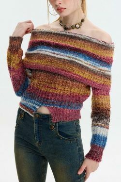 Colorful Stripe Off Shoulder Slit Sweater - Y2K Fashion Aesthetic Slim Fit Top