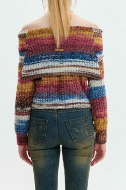 Colorful Stripe Off Shoulder Slit Sweater - Y2K Fashion Aesthetic Slim Fit Top