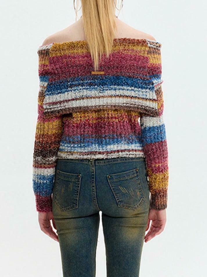 Colorful Stripe Off Shoulder Slit Sweater - Y2K Fashion Aesthetic Slim Fit Top Colorful Stripe Off Shoulder Slit Sweater - Y2K Fashion Aesthetic Slim Fit Top