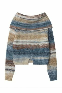 Colorful Stripe Off Shoulder Slit Sweater - Y2K Fashion Aesthetic Slim Fit Top