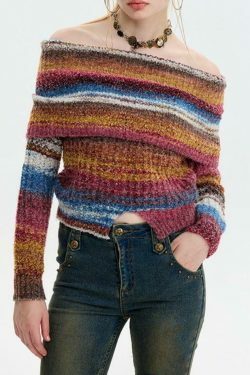 Colorful Stripe Off Shoulder Slit Sweater - Y2K Fashion Aesthetic Slim Fit Top
