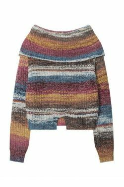 Colorful Stripe Off Shoulder Slit Sweater - Y2K Fashion Aesthetic Slim Fit Top