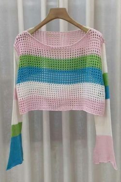 Colorful Stripe Patchwork Crochet Top - Y2K Fashion Aesthetic - Coquette Grunge Outfits
