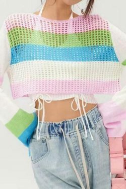Colorful Stripe Patchwork Crochet Top - Y2K Fashion Aesthetic - Coquette Grunge Outfits