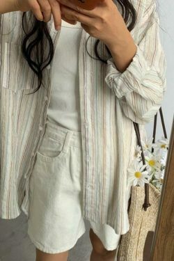 Colorful Stripe Print Button-Up Shirt for Y2K Fashion Enthusiasts