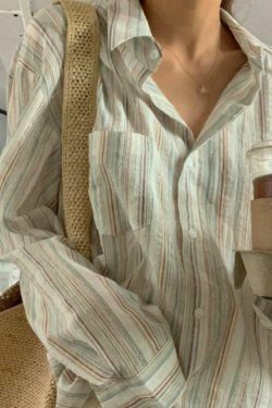 Colorful Stripe Print Button-Up Shirt for Y2K Fashion Enthusiasts