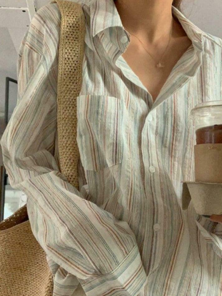 Colorful Stripe Print Button-Up Shirt for Y2K Fashion Enthusiasts