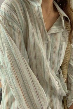 Colorful Stripe Print Button-Up Shirt for Y2K Fashion Enthusiasts