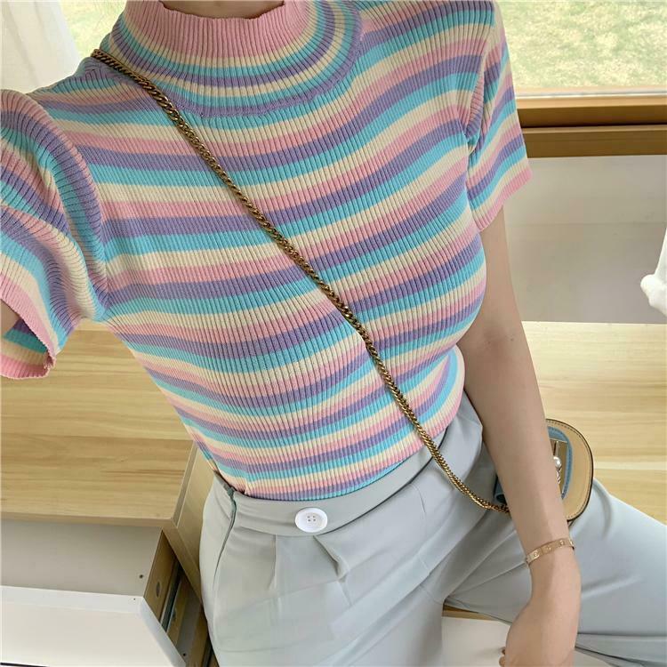 Colorful Striped Crop Top for Y2K Fashion Enthusiasts - Coquette Aesthetic with a Pop of Color Colorful Striped Crop Top for Y2K Fashion Enthusiasts - Coquette Aesthetic with a Pop of Color