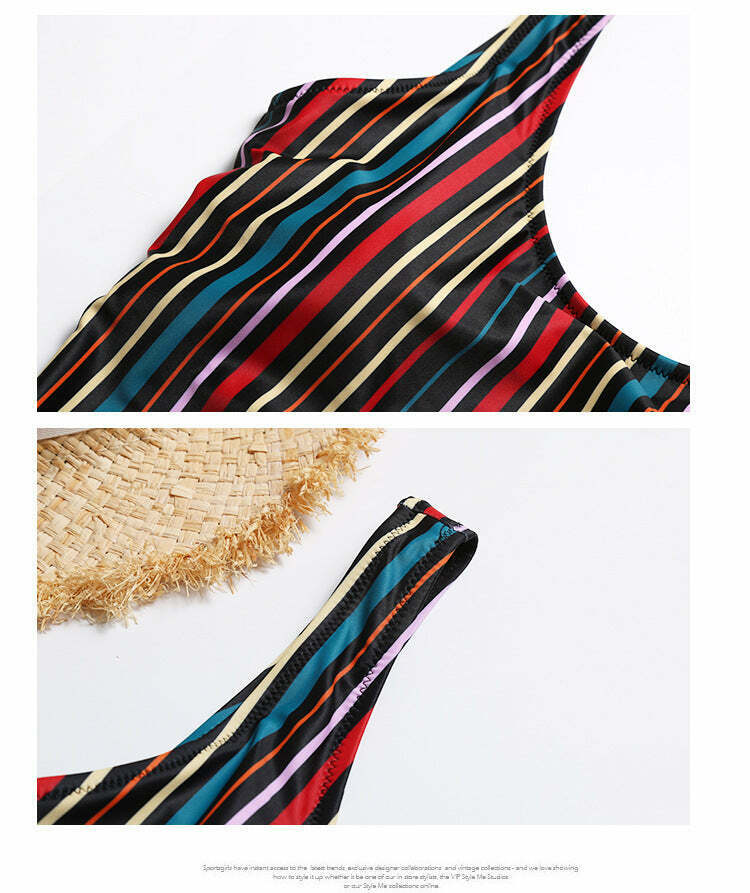 Colorful Striped Cutout Swimsuit with Ties - Y2K Fashion Statement for Women Colorful Striped Cutout Swimsuit with Ties - Y2K Fashion Statement for Women