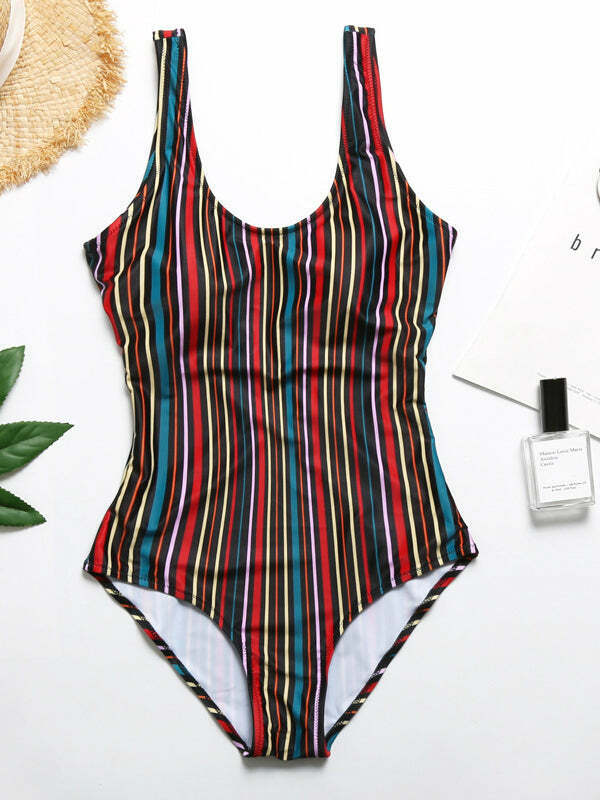 Colorful Striped Cutout Swimsuit with Ties - Y2K Fashion Statement for Women Colorful Striped Cutout Swimsuit with Ties - Y2K Fashion Statement for Women