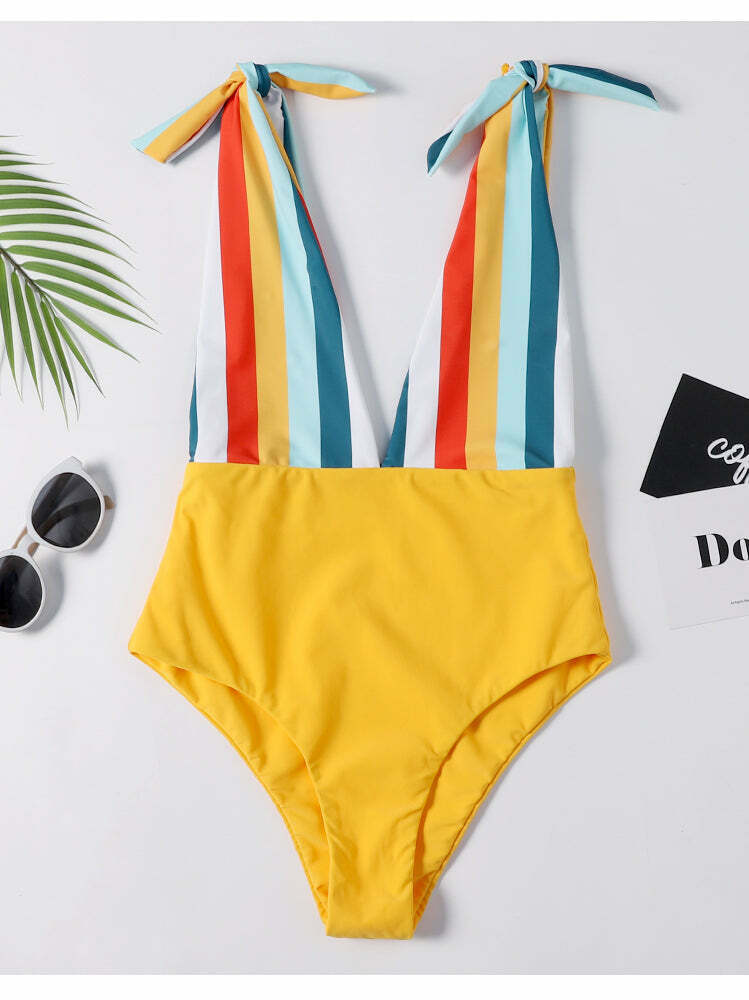 Colorful Striped Cutout Swimsuit with Ties - Y2K Fashion Statement for Women Colorful Striped Cutout Swimsuit with Ties - Y2K Fashion Statement for Women