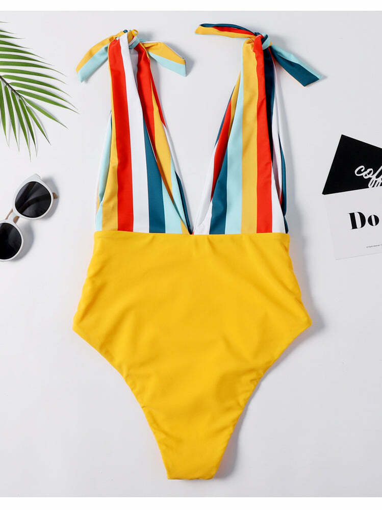 Colorful Striped Cutout Swimsuit with Ties - Y2K Fashion Statement for Women Colorful Striped Cutout Swimsuit with Ties - Y2K Fashion Statement for Women