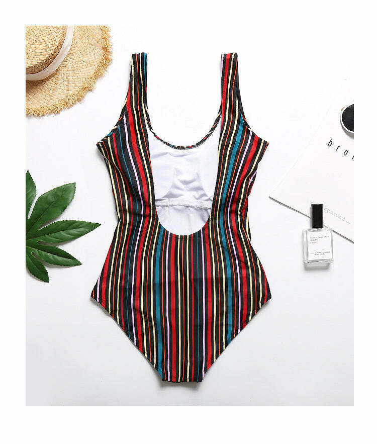Colorful Striped Cutout Swimsuit with Ties - Y2K Fashion Statement for Women Colorful Striped Cutout Swimsuit with Ties - Y2K Fashion Statement for Women