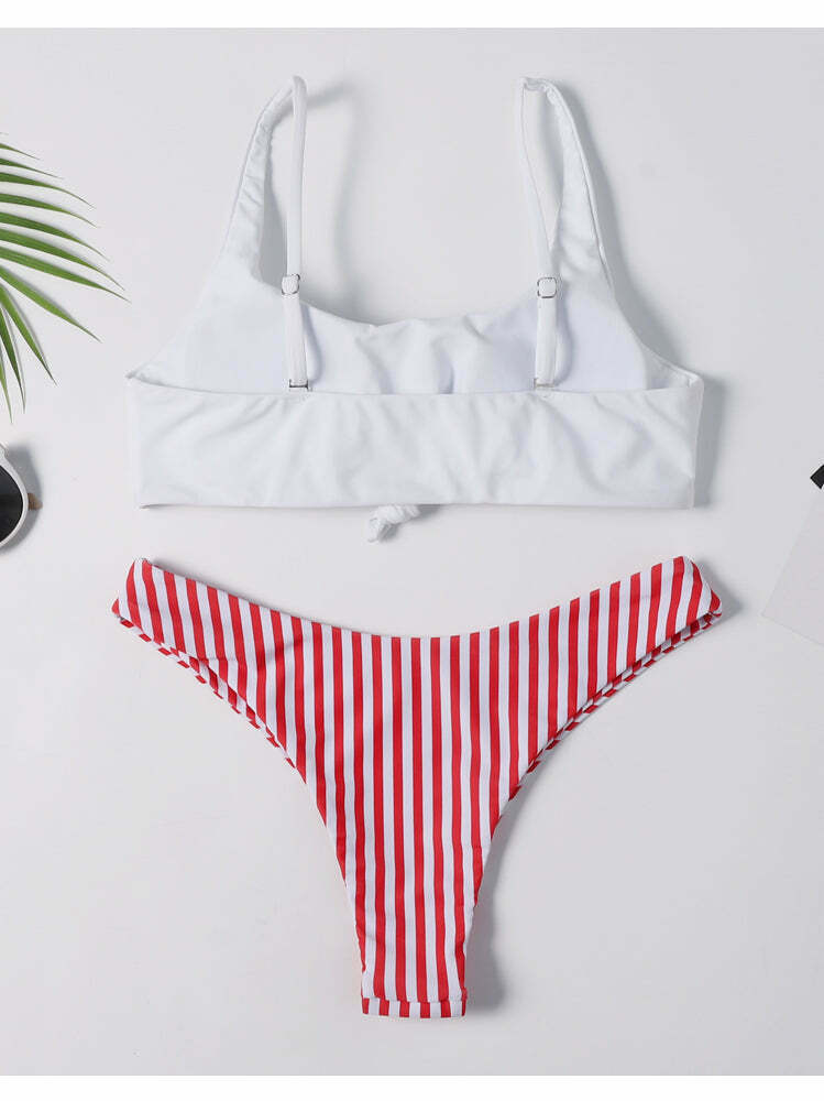 Colorful Striped Thong Bikini Set for Y2K Fashion Enthusiasts Colorful Striped Thong Bikini Set for Y2K Fashion Enthusiasts