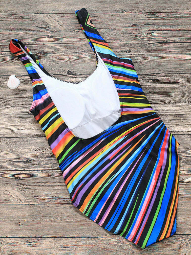Colorful Striped Tied Swimsuit for Y2K Fashionistas: Coquette, Grunge, and Pastel Goth Aesthetics Colorful Striped Tied Swimsuit for Y2K Fashionistas: Coquette, Grunge, and Pastel Goth Aesthetics