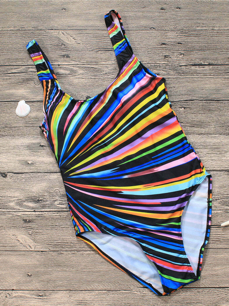 Colorful Striped Tied Swimsuit for Y2K Fashionistas: Coquette, Grunge, and Pastel Goth Aesthetics Colorful Striped Tied Swimsuit for Y2K Fashionistas: Coquette, Grunge, and Pastel Goth Aesthetics