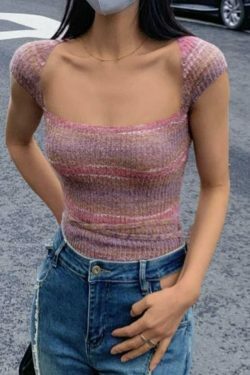 Contrast Color Striped Square Neck Knit Top - Y2K Fashion Aesthetic for Women