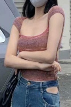 Contrast Color Striped Square Neck Knit Top - Y2K Fashion Aesthetic for Women