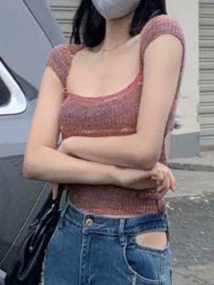 Contrast Color Striped Square Neck Knit Top - Y2K Fashion Aesthetic for Women Contrast Color Striped Square Neck Knit Top - Y2K Fashion Aesthetic for Women