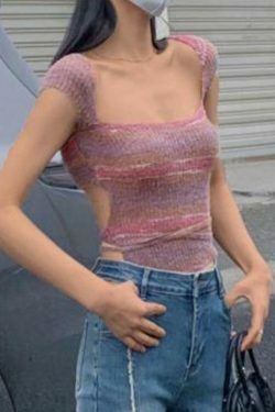 Contrast Color Striped Square Neck Knit Top - Y2K Fashion Aesthetic for Women