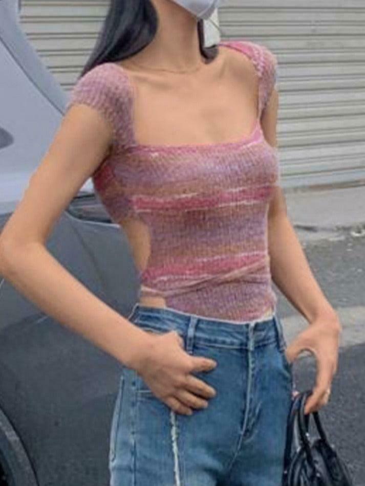 Contrast Color Striped Square Neck Knit Top - Y2K Fashion Aesthetic for Women Contrast Color Striped Square Neck Knit Top - Y2K Fashion Aesthetic for Women