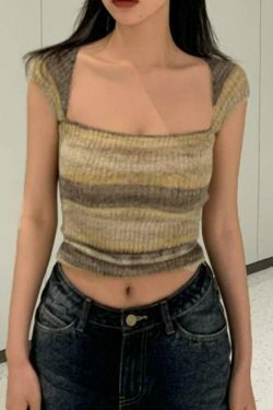 Contrast Color Striped Square Neck Knit Top - Y2K Fashion Aesthetic for Women