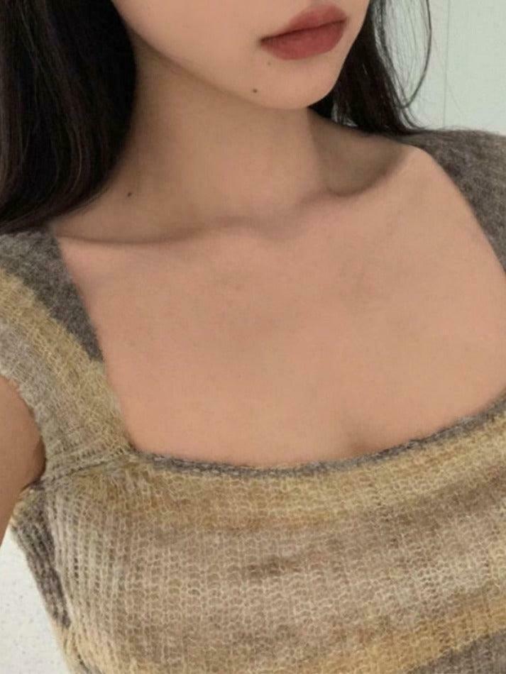 Contrast Color Striped Square Neck Knit Top - Y2K Fashion Aesthetic for Women Contrast Color Striped Square Neck Knit Top - Y2K Fashion Aesthetic for Women