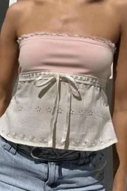 Contrast Lace Bandeau Crop Top - Y2K Fashion Aesthetic with Grunge and Coquette Style Elements