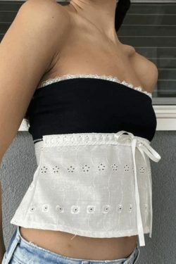 Contrast Lace Bandeau Crop Top - Y2K Fashion Aesthetic with Grunge and Coquette Style Elements