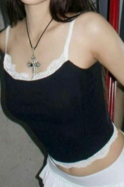 Contrast Lace Trim Cami Top - Y2K Fashion Aesthetic with Coquette and Grunge Style Elements