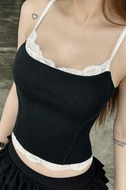 Contrast Lace Trim Cami Top - Y2K Fashion Aesthetic with Coquette and Grunge Style Elements