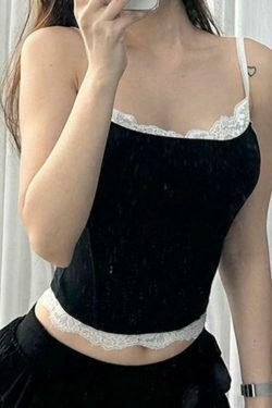 Contrast Lace Trim Cami Top - Y2K Fashion Aesthetic with Coquette and Grunge Style Elements