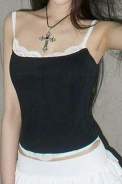 Contrast Lace Trim Cami Top - Y2K Fashion Aesthetic with Coquette and Grunge Style Elements