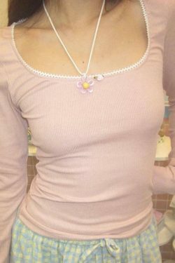 Contrast Lace Trim Slim Long Sleeve Knit - Y2K Fashion Aesthetic for Women