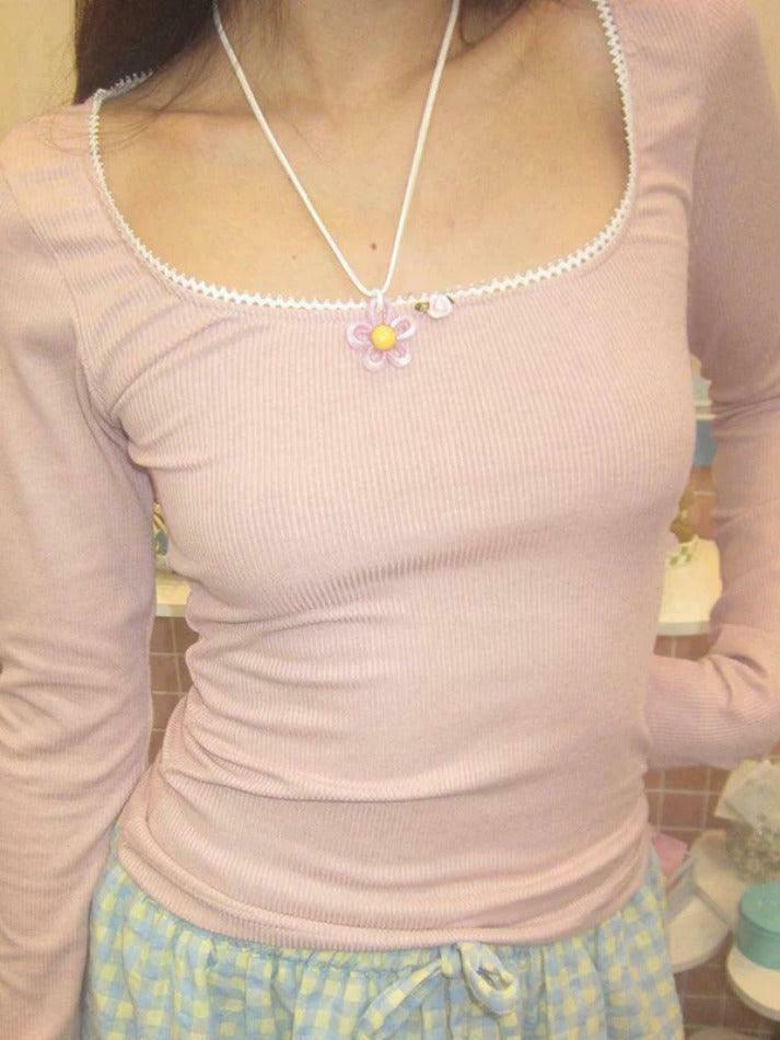 Contrast Lace Trim Slim Long Sleeve Knit - Y2K Fashion Aesthetic for Women Contrast Lace Trim Slim Long Sleeve Knit - Y2K Fashion Aesthetic for Women