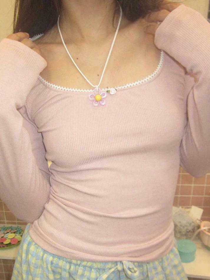 Contrast Lace Trim Slim Long Sleeve Knit - Y2K Fashion Aesthetic for Women Contrast Lace Trim Slim Long Sleeve Knit - Y2K Fashion Aesthetic for Women