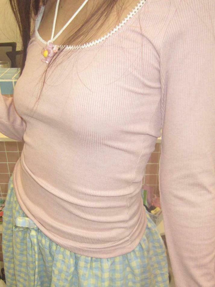 Contrast Lace Trim Slim Long Sleeve Knit - Y2K Fashion Aesthetic for Women Contrast Lace Trim Slim Long Sleeve Knit - Y2K Fashion Aesthetic for Women