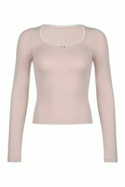 Contrast Lace Trim Slim Long Sleeve Knit - Y2K Fashion Aesthetic for Women